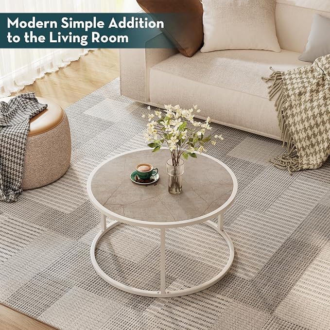 SAYGOER Marble Coffee Table Small Round Center Table Simple Modern Boho for Living Room Home Office, 27.6 * 27.6 * 17.7, Easy Assembly, Cream White Faux Marble - LeafyLoom