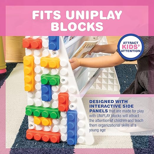 UNiPLAY Kids 4-Tier Book Storage Organizer with Sling Book Pockets, Plastic Sling Rack Bookshelf for Playroom, Fits Blocks, White - LeafyLoom