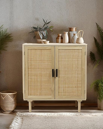Finnhomy Sideboard Buffet Kitchen Storage Cabinet with Rattan Decorated Doors, Dining Room, Hallway, Cupboard Console Table, Liquor / Accent Cabinet, 31.5X 15.8X 34.6 Inches, Natural - LeafyLoom