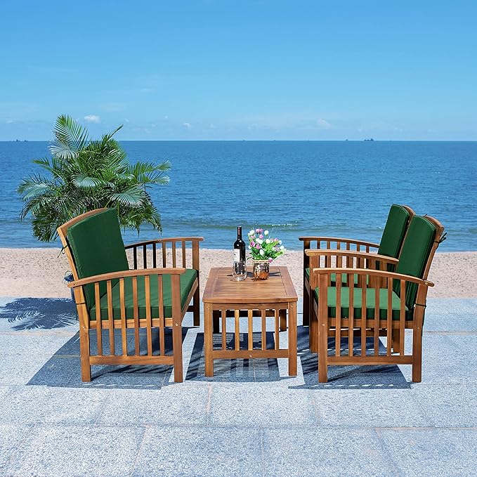 SAFAVIEH Outdoor Collection Rocklin Natural/ Green Cushion 4-Piece Conversation Patio Set - LeafyLoom