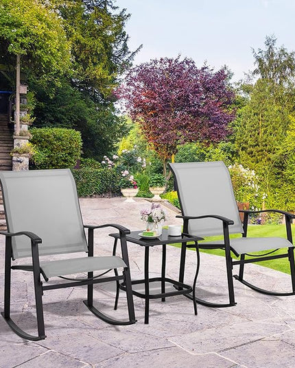 Shintenchi 3 Piece Rocking Bistro Set, Outdoor Furniture with Rocker Chairs and Glass coffee table set of 3, Balcony, Porch Furniture for Small Space, Light Gray - LeafyLoom