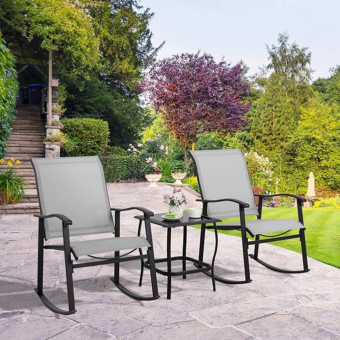 Shintenchi 3 Piece Rocking Bistro Set, Outdoor Furniture with Rocker Chairs and Glass coffee table set of 3, Balcony, Porch Furniture for Small Space, Light Gray - LeafyLoom