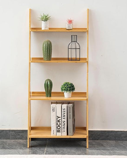 DOUSY- 4-Tier Bamboo Ladder Shelf Ladder Bookshelf Plant & Flower Stand Bookcase, Freestanding Storage Rack Organizer Display Shelf for Living Room, Home Office, Bedroom, Balcony, Natural Wood - LeafyLoom