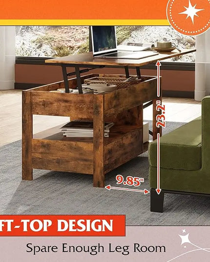 WLIVE Coffee Table, 39" Lift Top Coffee Table with Hidden Compartment and Sorage Drawers for Living Room, Rustic Brown - LeafyLoom