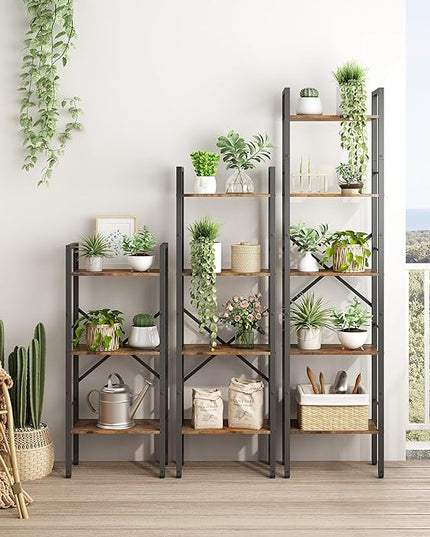 Tajsoon 4 Tier Bookshelf Industrial Ladder Shelf, Tall Skinny Bookshelf with Wood, Freestanding Thin Bookshelf for Home Office, Living Room, Bedroom, Metal Frame, Rustic Brown - LeafyLoom