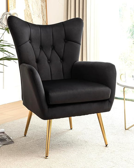 US Pride Furniture Modern Accent Chair with Ergonomic High Wingback, Microfiber Upholstered Armchair with Metal Legs for Living Room, Bedroom, Office or Vanity, Black - LeafyLoom