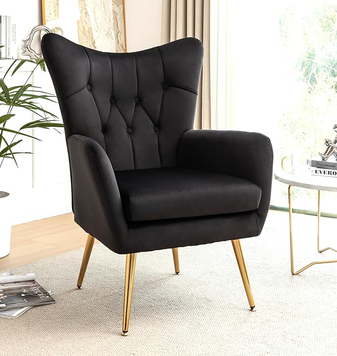 US Pride Furniture Modern Accent Chair with Ergonomic High Wingback, Microfiber Upholstered Armchair with Metal Legs for Living Room, Bedroom, Office or Vanity, Black - LeafyLoom