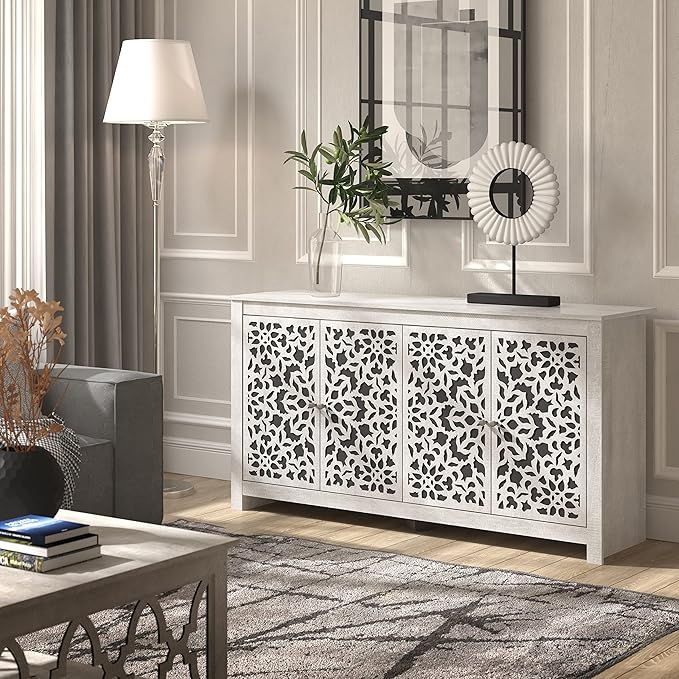 Galano Culbreath 4 Door Sideboard Buffet Cabinet with Storage and Adjustable Shelves, Storage Cabinet for Kitchen, Dining Room, Living Room, 15.67" D x 57.64" W x 30" H, Dusty Grey Oak - LeafyLoom