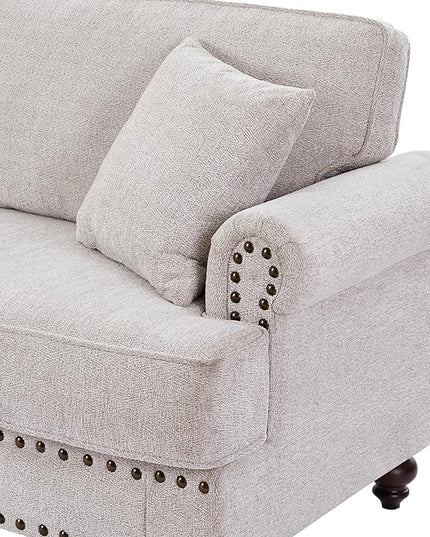Upholstered 3-Seater Sofa with Rolled Armrest,Modern Couch with Wood Turned Legs and Nailhead Trim Design,for Living, 82" W, White - LeafyLoom