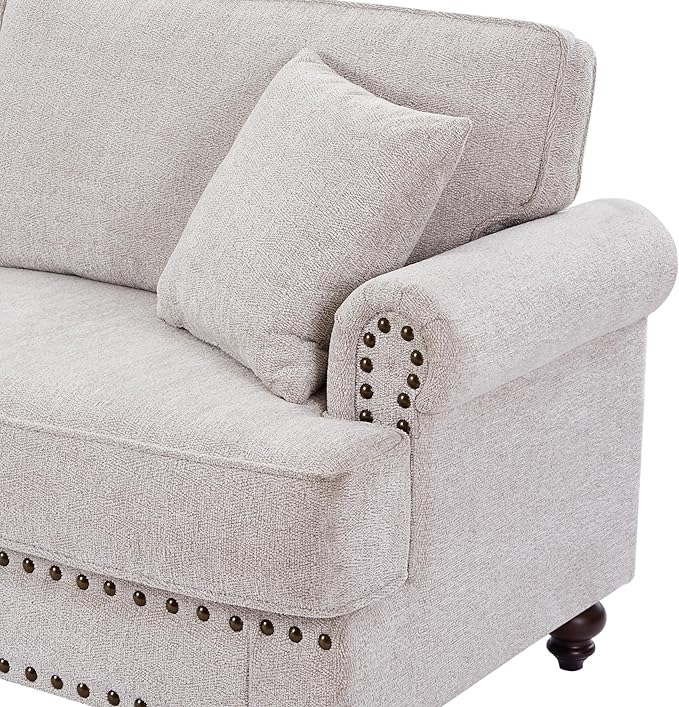 Upholstered 3-Seater Sofa with Rolled Armrest,Modern Couch with Wood Turned Legs and Nailhead Trim Design,for Living, 82" W, White - LeafyLoom