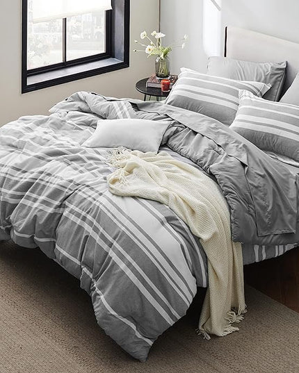 Bedsure King Size Comforter Set - 7 Pieces King Bedding Sets All Season Bed Set, Grey White Striped Bed in a Bag with Comforter, Sheets, Pillowcases & Shams - LeafyLoom