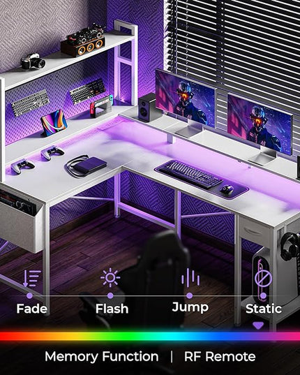 L Shaped Desk Gaming Desk with LED Lights & Power Outlets, Computer Desk with Storage Shelves, Corner Desk Home Office Desks for Bedroom, White - LeafyLoom