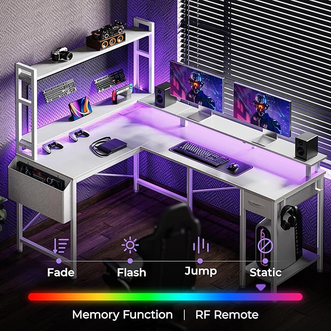 L Shaped Desk Gaming Desk with LED Lights & Power Outlets, Computer Desk with Storage Shelves, Corner Desk Home Office Desks for Bedroom, White - LeafyLoom