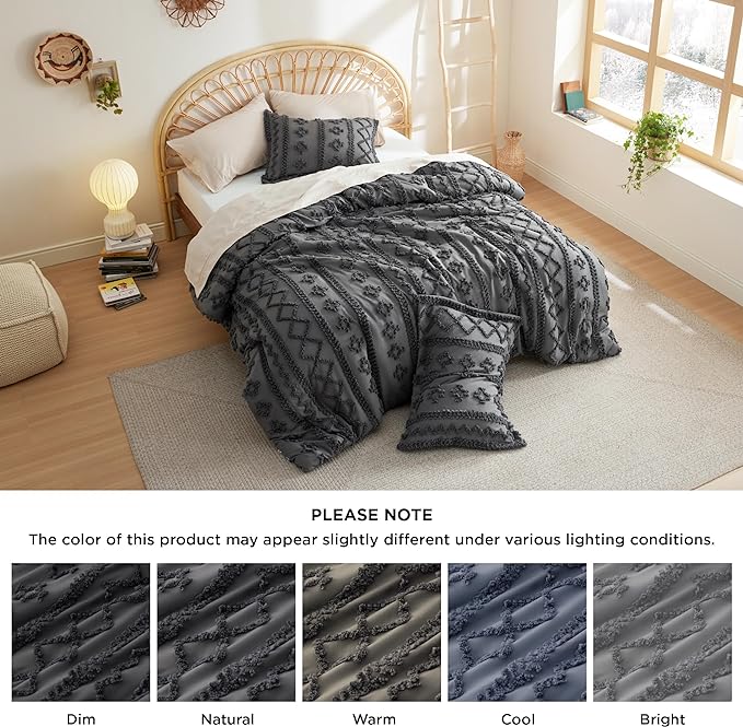 Bedsure Tufted Boho Comforter Set Full - Dark Grey Boho Bedding Comforter Set, 3 Pieces Farmhouse Shabby Chic Embroidery Bed Set, Soft Jacquard Comforter for Women Men Girls - LeafyLoom