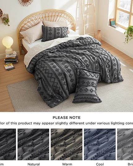 Bedsure Tufted Boho Comforter Set Queen - Dark Grey Boho Bedding Comforter Set, 3 Pieces Farmhouse Shabby Chic Embroidery Bed Set, Soft Jacquard Comforter for Women Men Girls - LeafyLoom