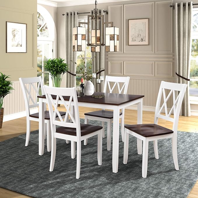 Farmhouse Style Comfortable 4 Chairs, Long-Lasting Solid Wood Home, Easy Assembly and Clean, Room, Kitchen, 5 Piece Dining Table Set, White 21 - LeafyLoom