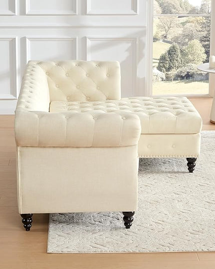 Tbfit L-Shape Sofa Couch with Chaise, Chesterfield Sofas with Nailhead Trim, Deep Button Tufted Sectional Couches for Living Room, Vintage Couches with Solid Wood Frame and Rolled Arms, Beige - LeafyLoom