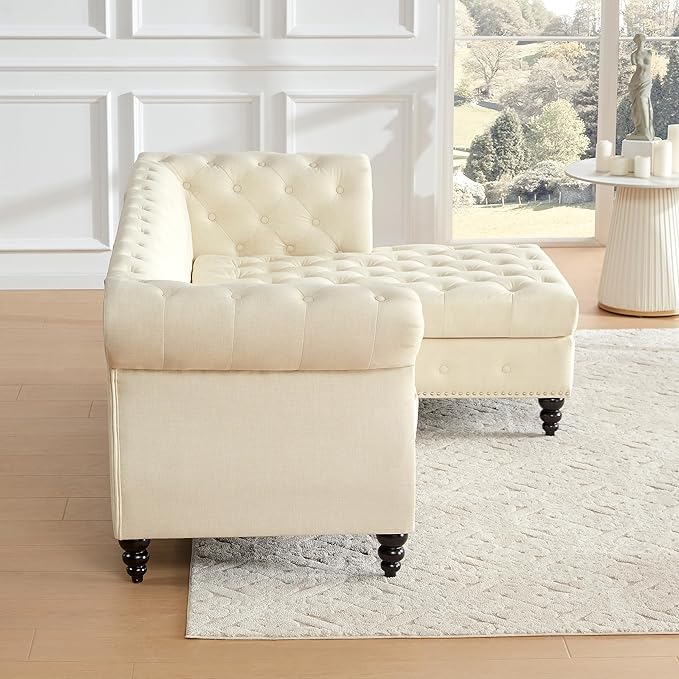 Tbfit L-Shape Sofa Couch with Chaise, Chesterfield Sofas with Nailhead Trim, Deep Button Tufted Sectional Couches for Living Room, Vintage Couches with Solid Wood Frame and Rolled Arms, Beige - LeafyLoom