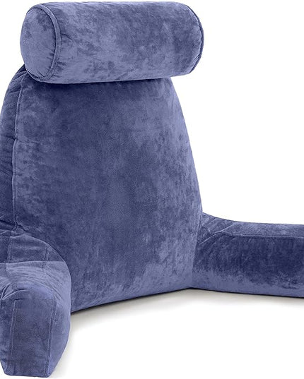 Husband Pillow XXL Dark Blue Backrest with Arms - Adult Reading Pillow Shredded Memory Foam, Ultra-Comfy Removable Microplush Cover & Detachable Neck Roll, Unmatched Support Bed Rest Sit Up Pillow - LeafyLoom