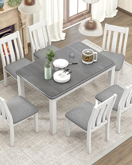 Retro Style 7 Piece Set with Extendable Table and 6 Upholstered Chairs, for Living, Dining Room, Home Bar and Kitchen, Gray+White - LeafyLoom