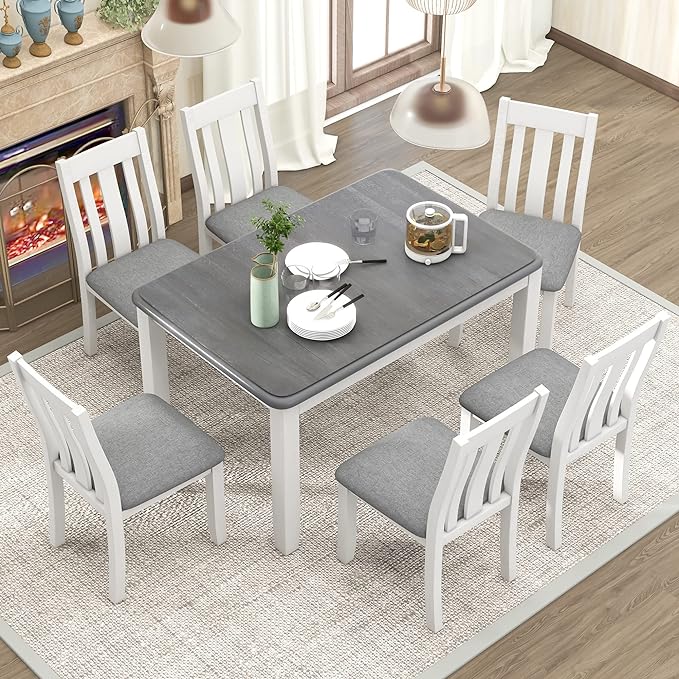 Retro Style 7 Piece Set with Extendable Table and 6 Upholstered Chairs, for Living, Dining Room, Home Bar and Kitchen, Gray+White - LeafyLoom