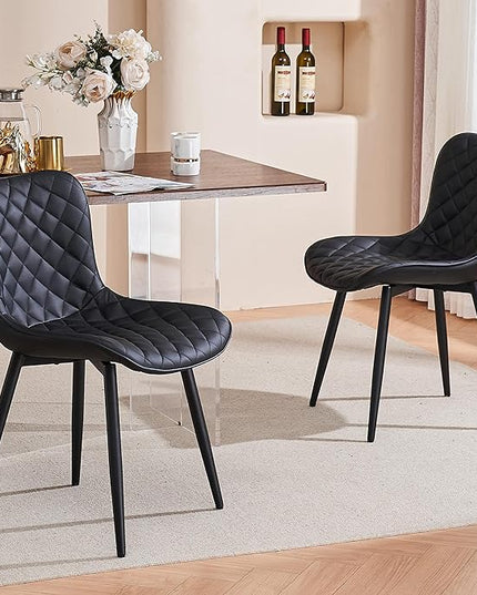 YOUTASTE Black Dining Chairs Set of 2 Mid Century Modern PU Leather Diamond Upholstered Accent Guest Dinner Chair with Back Metal Legs for Kitchen Living Reception Waiting Room - LeafyLoom