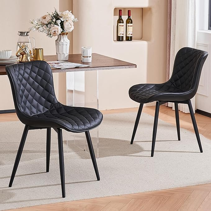 YOUTASTE Black Dining Chairs Set of 2 Mid Century Modern PU Leather Diamond Upholstered Accent Guest Dinner Chair with Back Metal Legs for Kitchen Living Reception Waiting Room - LeafyLoom