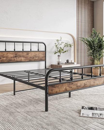 Full Size Metal Bed Frame with Rustic Vintage Wood Headboard and Footboard,Strong Metal Slats Support,No Box Spring Needed,Black - LeafyLoom
