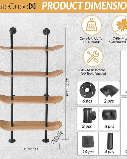 Industrial Shelves - 4 Tier Industrial Decor Pipe Bookcase Using 7 Ply Skateboard Decks - Natural Wood Stain Finish - Perfect Bathroom Wall Decor, Book Shelf for Skateboard Enthusiasts - LeafyLoom