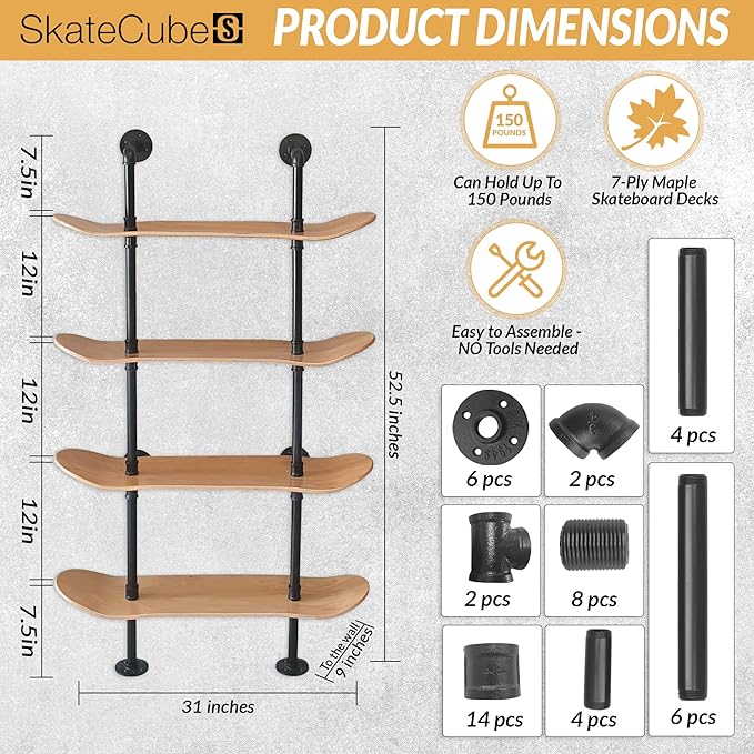 Industrial Shelves - 4 Tier Industrial Decor Pipe Bookcase Using 7 Ply Skateboard Decks - Natural Wood Stain Finish - Perfect Bathroom Wall Decor, Book Shelf for Skateboard Enthusiasts - LeafyLoom