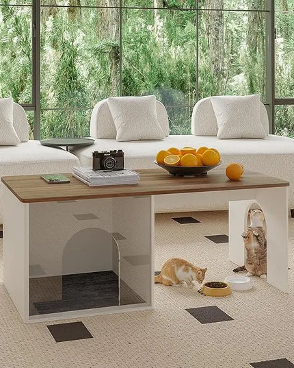 ChooChoo Farmhouse Coffee Table, Cocktail Table Wooden Modern Coffee Table with Opening Cat House for Accent Furniture for Living Room, Meeting Room, Home Decor - LeafyLoom