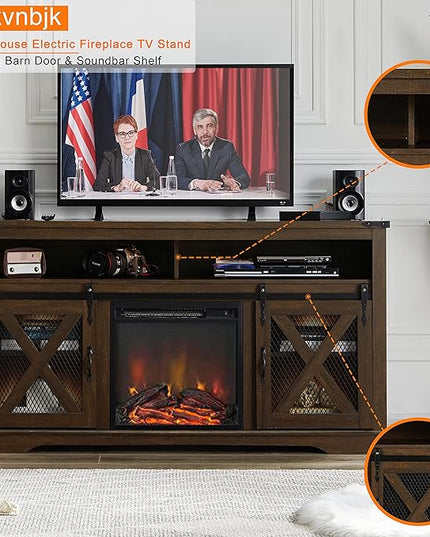 Okvnbjk Fireplace TV Stand for TVs up to 70", Entertainment Center with 18" Electric Fireplace, Farmhouse TV Stand Industrial Media Console with Sliding Barn Door for Living Room, 58 Inch, Dark Walnut - LeafyLoom