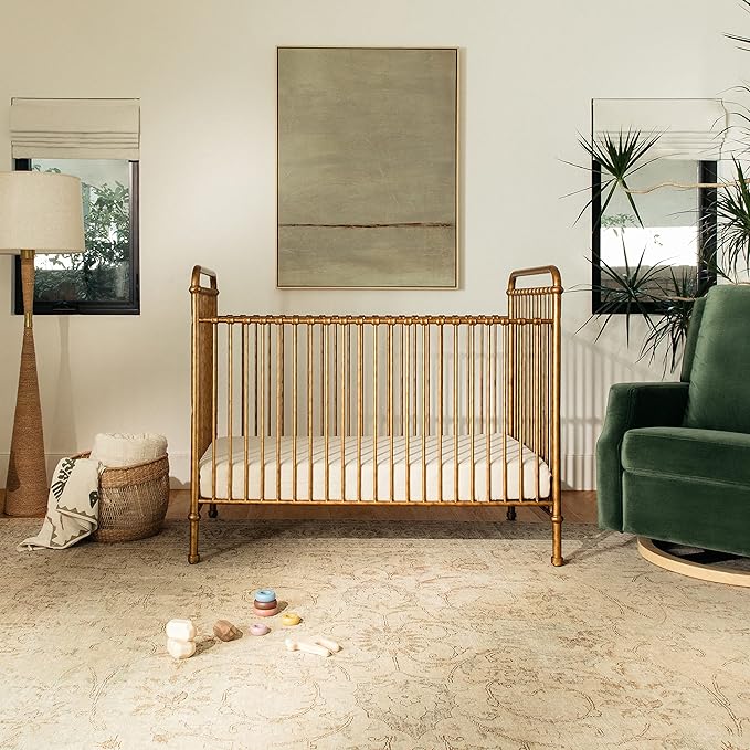 NAMESAKE Abigail 3-in-1 Convertible Metal Crib in Vintage Gold, Greenguard Gold Certified - LeafyLoom