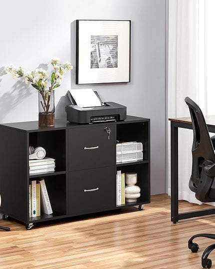 Yaheetech Black File Cabinet Large Mobile Storage Lateral Filing Cabinet with 2 Drawer and 4 Open Compartments,for Letter Size A4 Size, Printer Stand for Home Office, Black - LeafyLoom