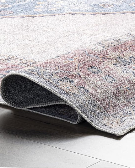 nuLOOM Olga Machine Washable Distressed Vintage Medallion Ultra Thin Runner Rug, 2' 6" x 8', Blue - LeafyLoom