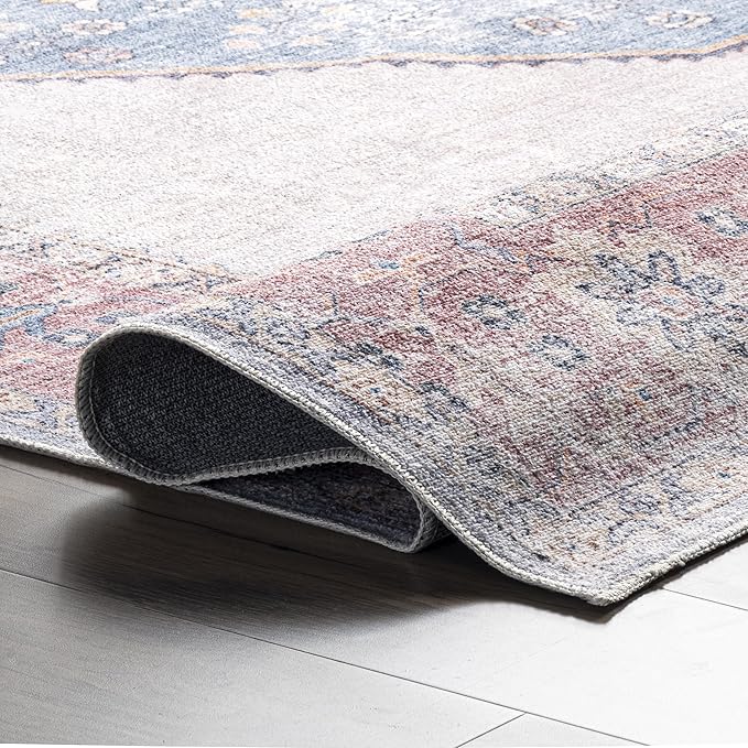 nuLOOM Olga Machine Washable Distressed Vintage Medallion Ultra Thin Area Rug, 8' x 10', Blue - LeafyLoom