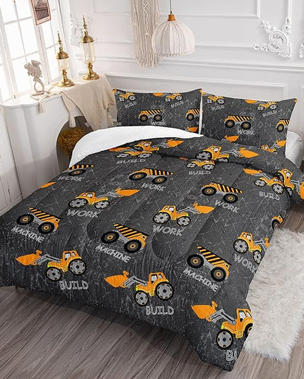 Datura home Construction Truck Comforter Set for Boys Kids Children,Machinery Excavators Vehicles Tractor Bedding Set with 1 Comforter and 2 Pillowcases(Brown Truck Full), Full 80x90inches - LeafyLoom