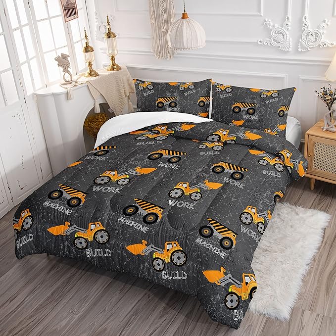 Datura home Construction Truck Comforter Set for Boys Kids Children,Machinery Excavators Vehicles Tractor Bedding Set with 1 Comforter and 2 Pillowcases(Brown Truck Full), Full 80x90inches - LeafyLoom