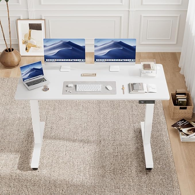 Electric Standing Desk 55 Inch, Ergonomic Height Adjustable Table with T-Shaped Metal Bracket Modern Computer Workstations for Home Office, White, 55 x 24 Inch - LeafyLoom