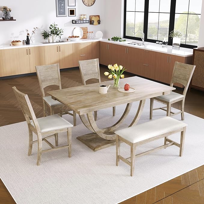 6-Piece Wood Rectangular Dining Table Set with Half Round Legs, 4 Upholstered Chairs and Bench, for Kitchen Living Room, Modern Style, Natural+Beige, 59.1" L x 35.4" W x 29.5" H - LeafyLoom