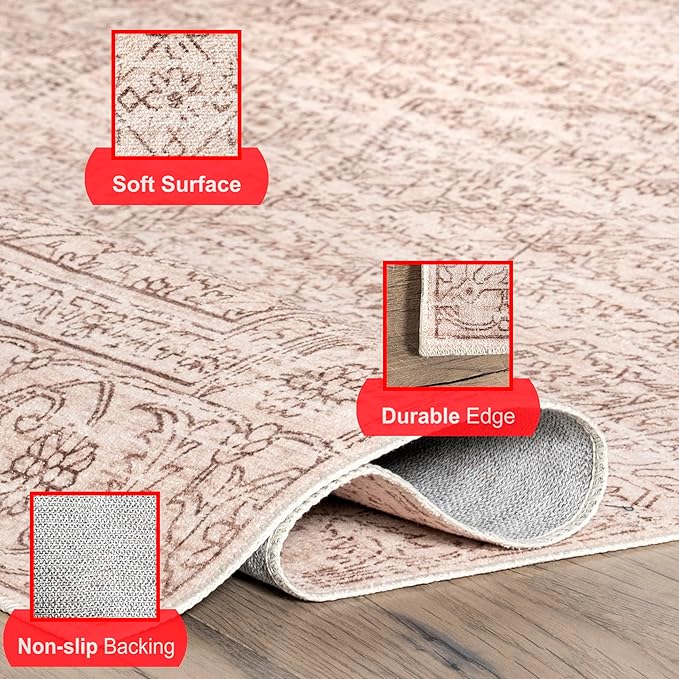 nuLOOM Shontal Traditional Machine Washable Ultra Thin Area Rug, 8' x 10', Beige - LeafyLoom
