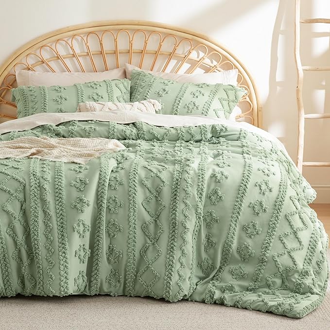 Bedsure Twin/Twin XL Comforter Set Dorm Bedding - Sage Green Boho Bedding Comforter Set, 2 Pieces Farmhouse Shabby Chic Embroidery Bed Set, Soft Jacquard Tufted Comforter for College - LeafyLoom