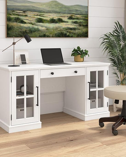Bush Furniture Westbrook 60W Computer Desk with Storage and Keyboard Tray in White Ash | Farmhouse Desk for Home Office Workspace - LeafyLoom