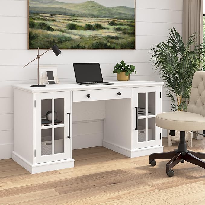 Bush Furniture Westbrook 60W Computer Desk with Storage and Keyboard Tray in White Ash | Farmhouse Desk for Home Office Workspace - LeafyLoom