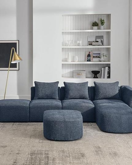 113" L-Shape Sectional Side Chaise and Ottoman, Modular Sofa, DIY Combination, Loop Yarn Fabric for Living Room, Apartment, 113inch, Blue Right - LeafyLoom