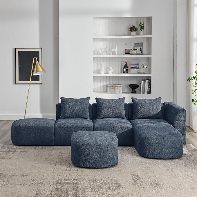 113" L-Shape Sectional Side Chaise and Ottoman, Modular Sofa, DIY Combination, Loop Yarn Fabric for Living Room, Apartment, 113inch, Blue Right - LeafyLoom
