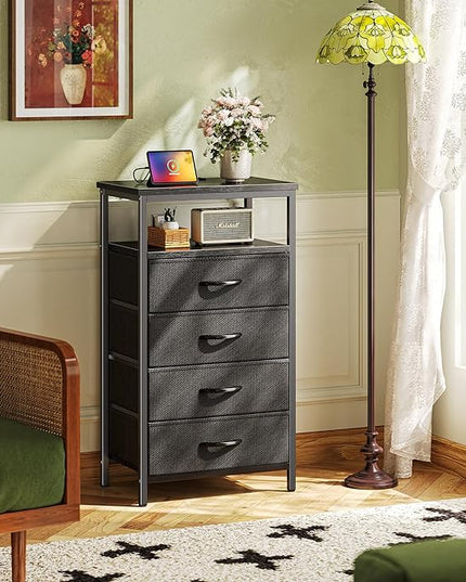 Night Stand with Charging Station, 4 Drawer Dresser for Bedroom, Bedside Table, 33.9 Inch Tall Nightstand with Open Shelf, End Table, for Closet, Entryway, Bedroom, Black - LeafyLoom