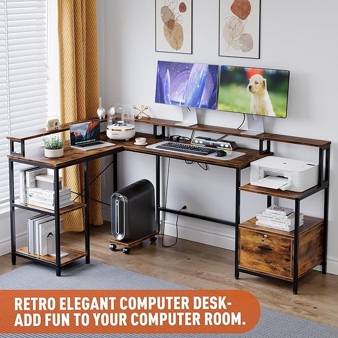 IDEALHOUSE L Shaped Desk - 76" Reversible L Shaped Computer Desk with File Drawer, Office Desk with Power Outlet, L Shaped Gaming Desk with Monitor Shelf, Corner Desk for Home Office, Vintage Brown - LeafyLoom