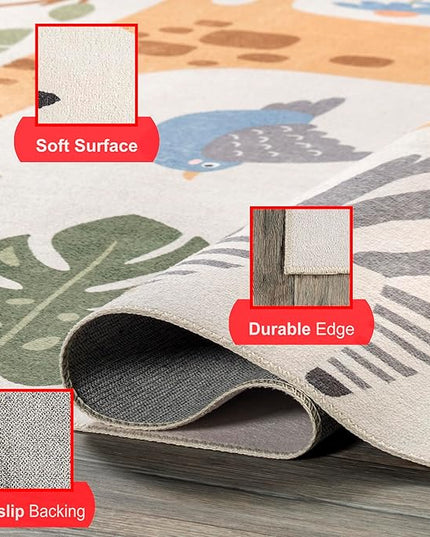 nuLOOM Felipa Safari Machine Washable Kids Ultra Thin Area Rug, 4x6, White Multi - LeafyLoom