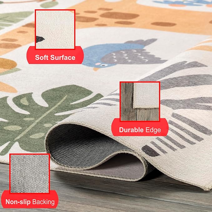 nuLOOM Felipa Safari Machine Washable Kids Ultra Thin Area Rug, 4x6, White Multi - LeafyLoom